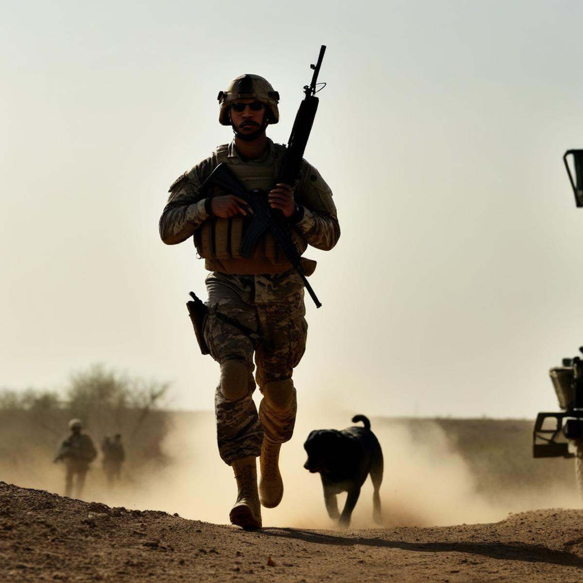 (Sharp Detailed Image)An Oscar winning movie for Best Cinematography a silhouette of a soldier walking with rifle into bat...