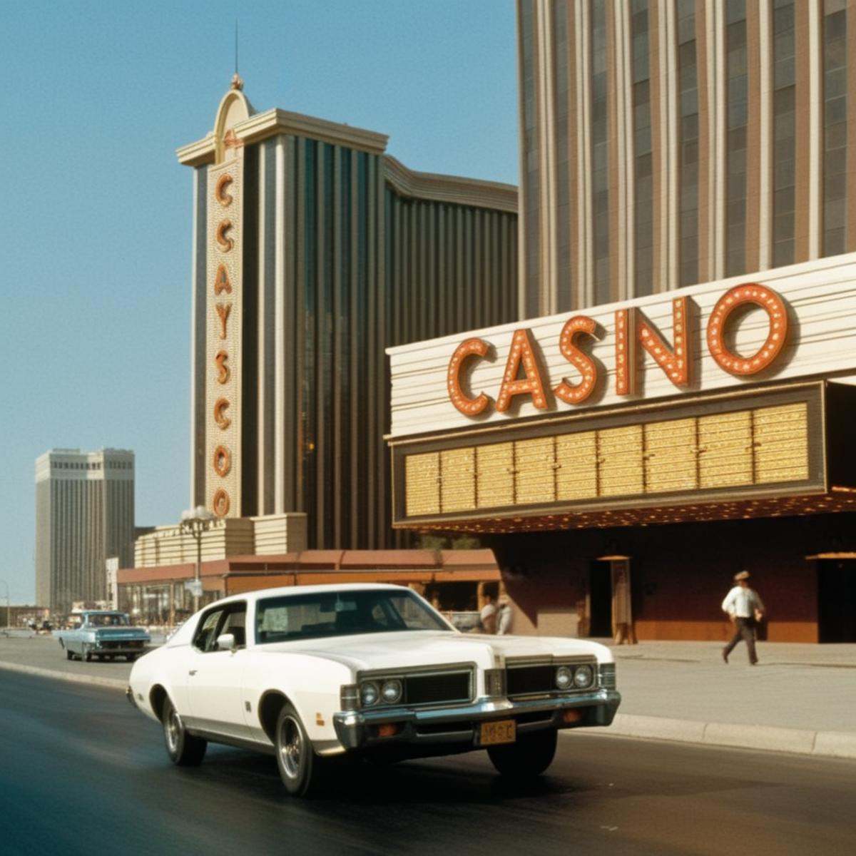 (Sharp Detailed Image)1970's An Oscar winning movie for Best Cinematography a car driving down a street next to a tall cas...
