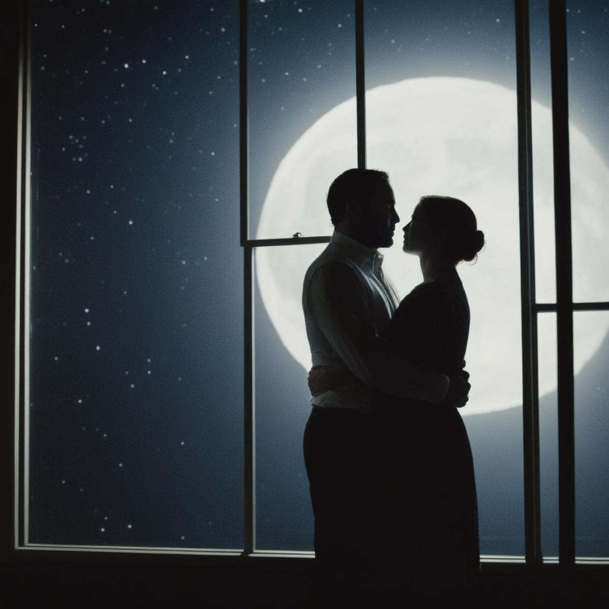 (Sharp Detailed Image)An Oscar winning movie for Best Cinematography a silhouette man and a woman are hugging in a dark ro...