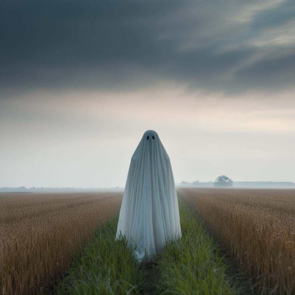 (Sharp Detailed Image)Best Cinematography a ghost standing in a field with a sky with a fogy background background Kodak M...