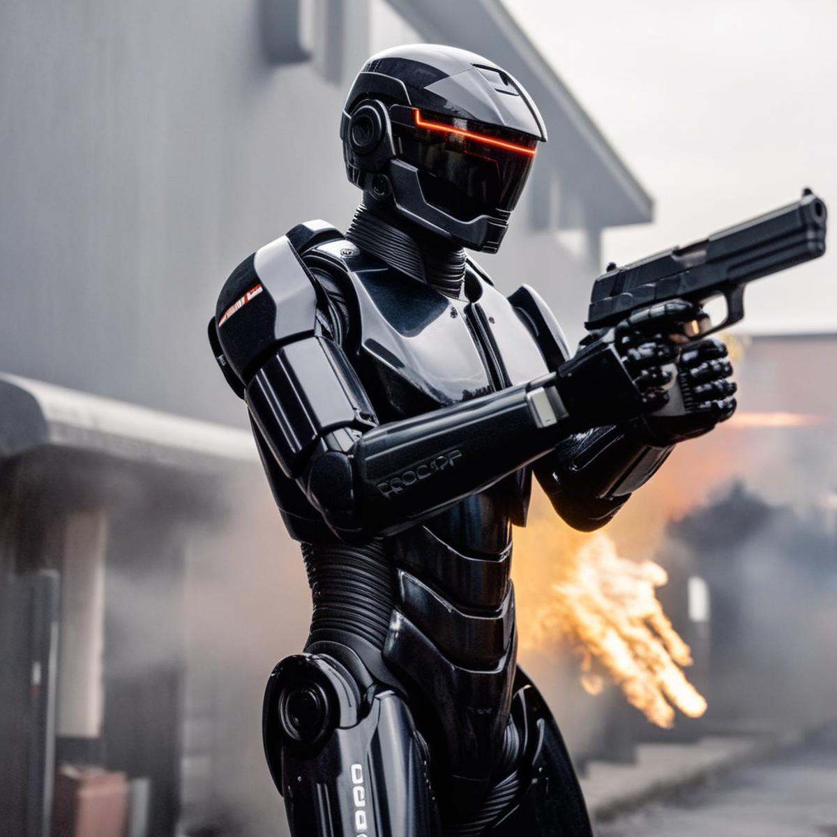 (Sharp Detailed Image)An Oscar winning movie for Best Cinematography robocop a cyborg man in a black suit aiming a gun pis...