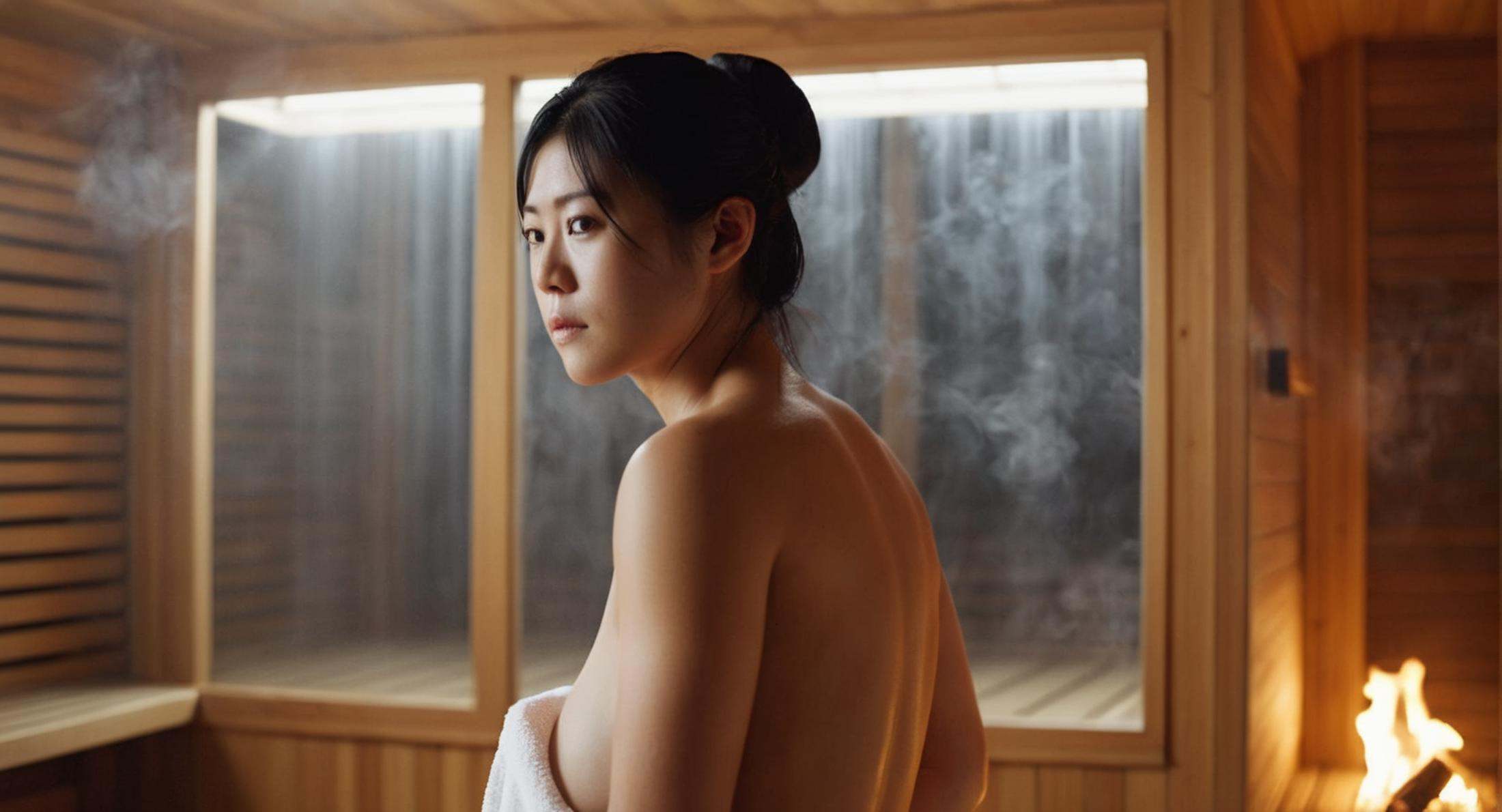 cinematic film still of Cinematic Film stock footage in (arri alexa style) Kodak film print,  a japanese woman in a towel...