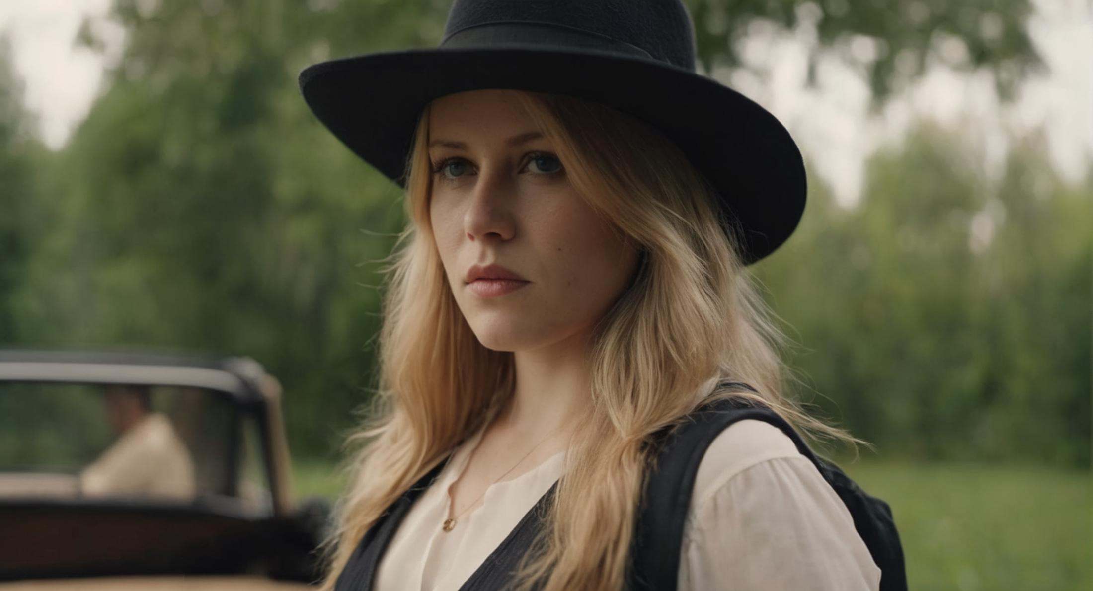 cinematic film still of Cinematic Film stock footage in (arri alexa style) Kodak film print,  a woman with a hat and a big...