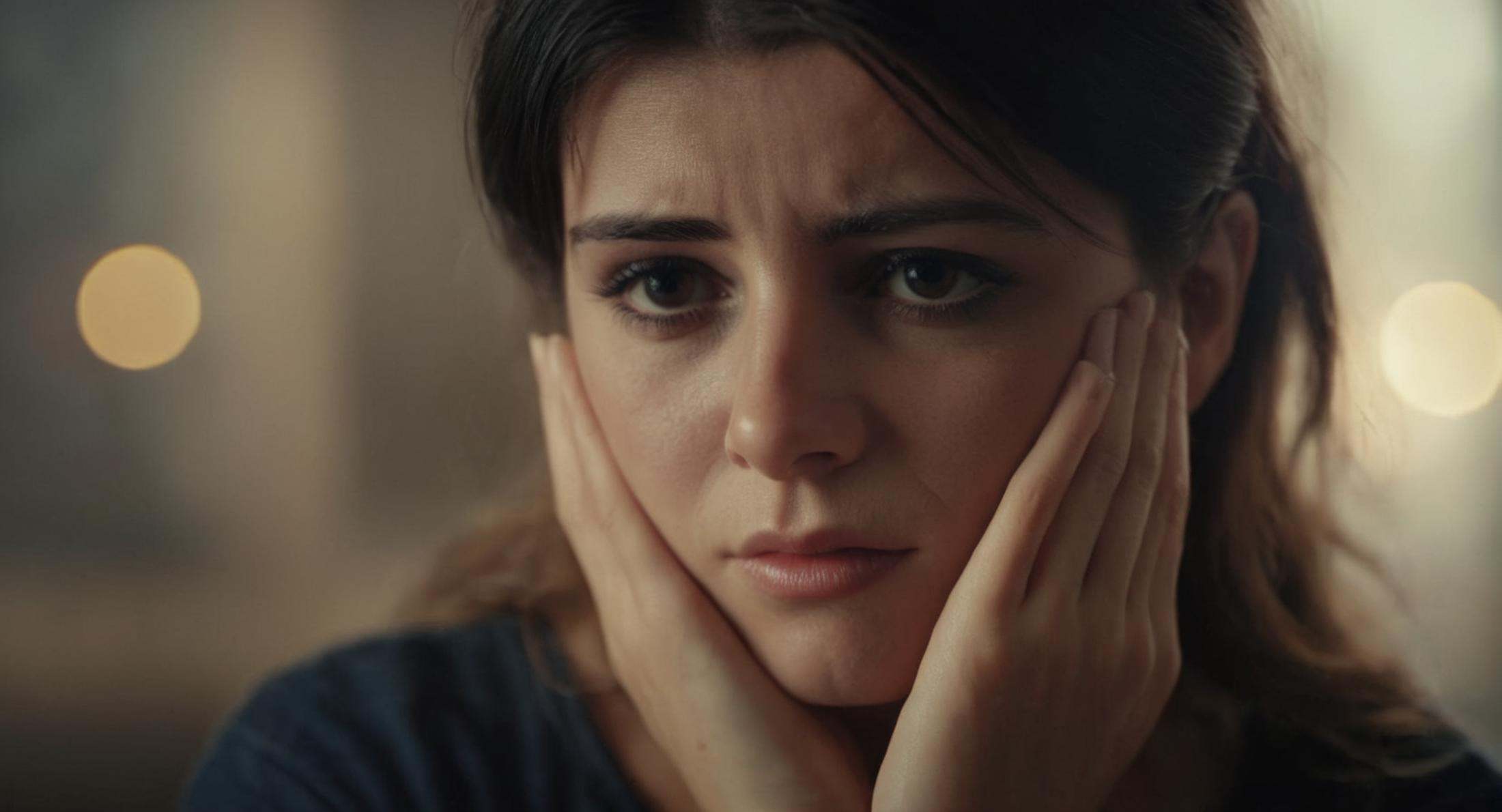 cinematic film still of Cinematic Film stock footage in (arri alexa style) Kodak film print,  a woman with a sad face cryi...