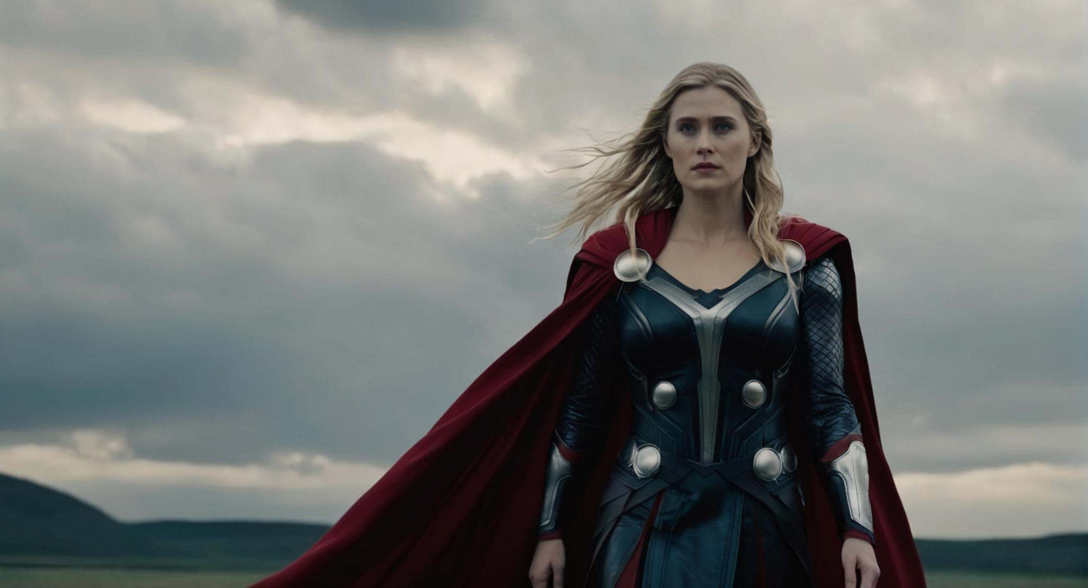 Dark Fantasy Art of (Cinematic Film stock footage style) in (arri alexa style) (Kodak film print style),  thor a woman dre...