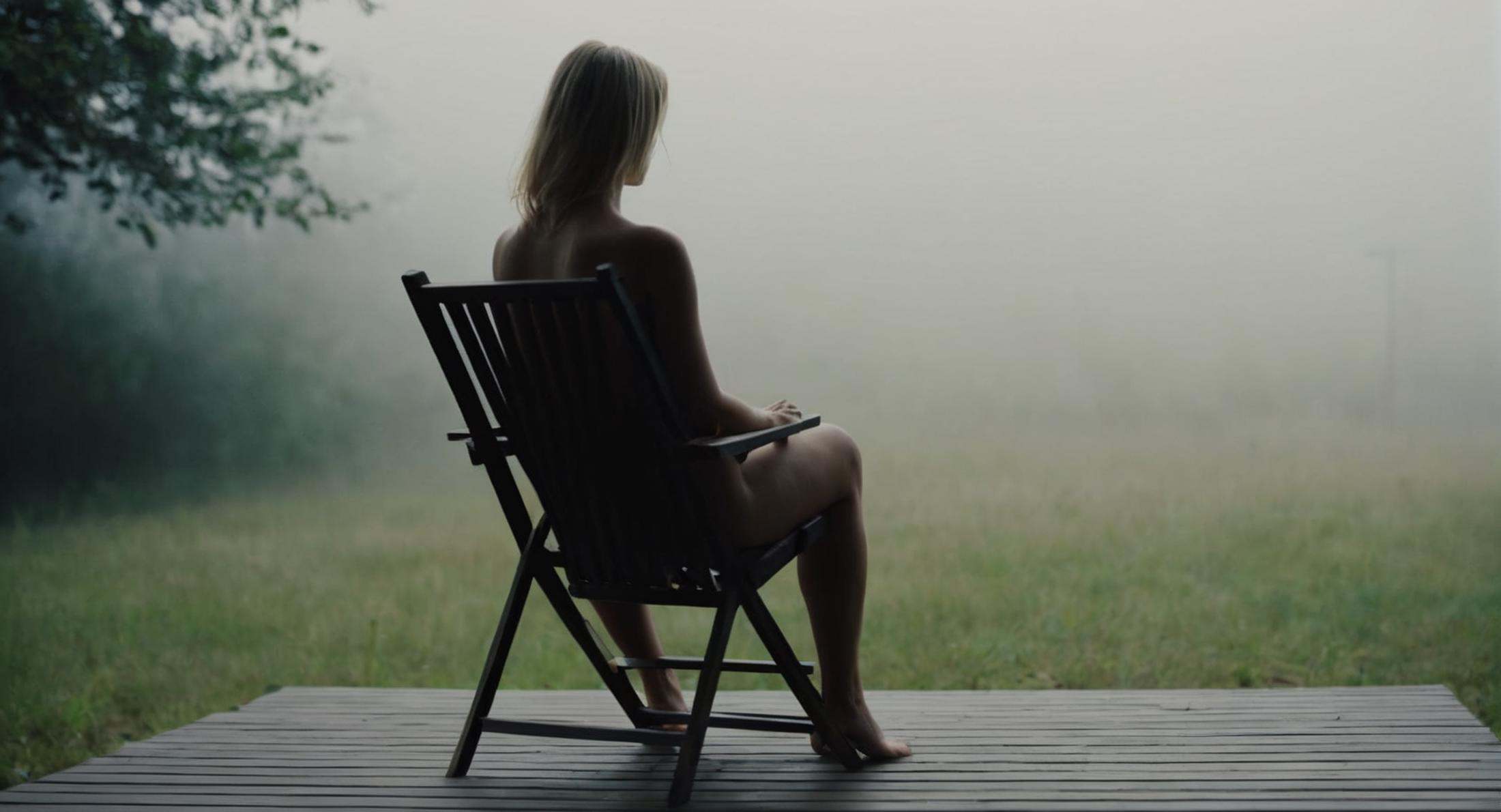 cinematic film still of Cinematic Film stock footage in (arri alexa style) Kodak film print,  1 naked woman sitting on a c...