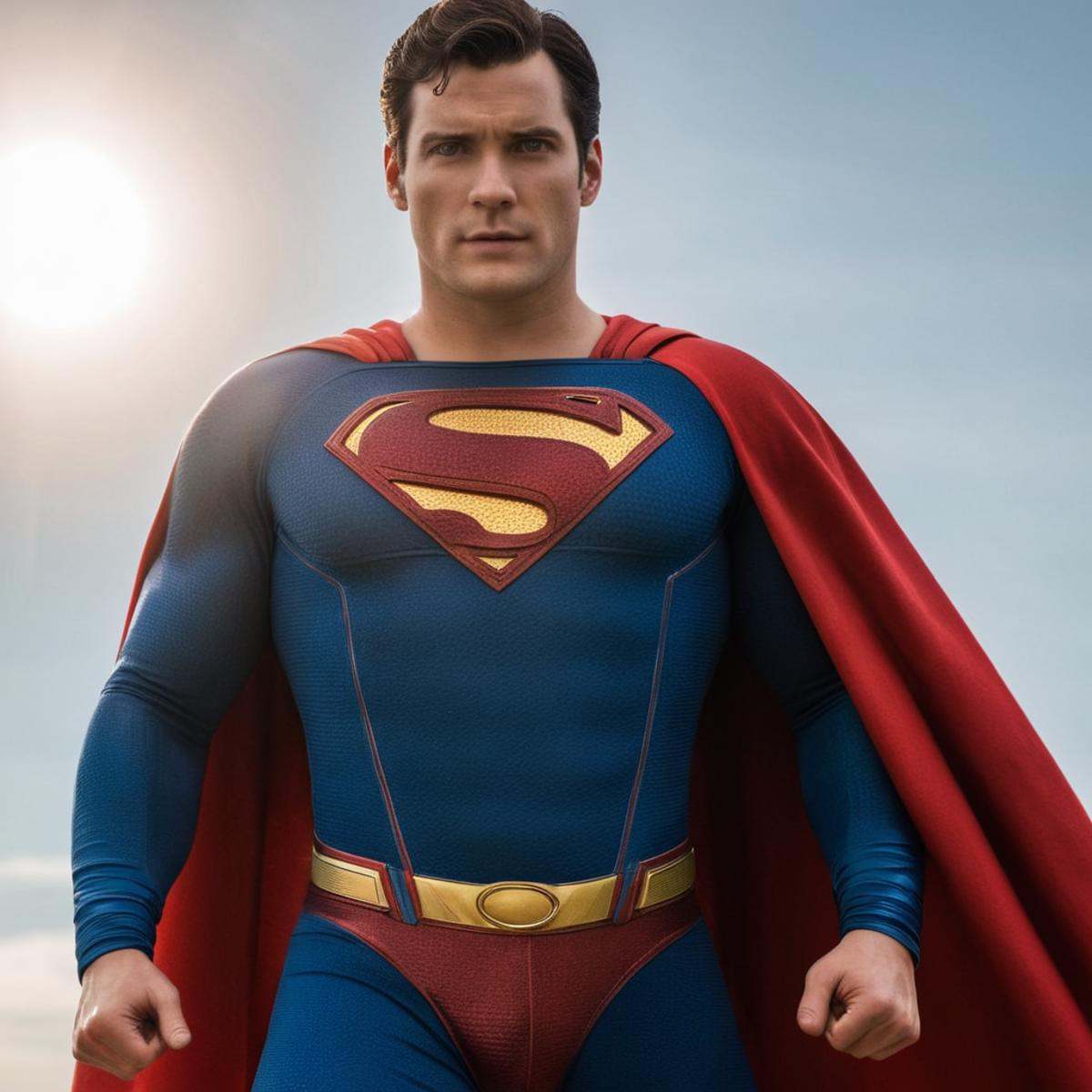 cinematic film still of sharp detailed,  a man in a superman costume is standing in front of a sun,  solo on Tensor.Art