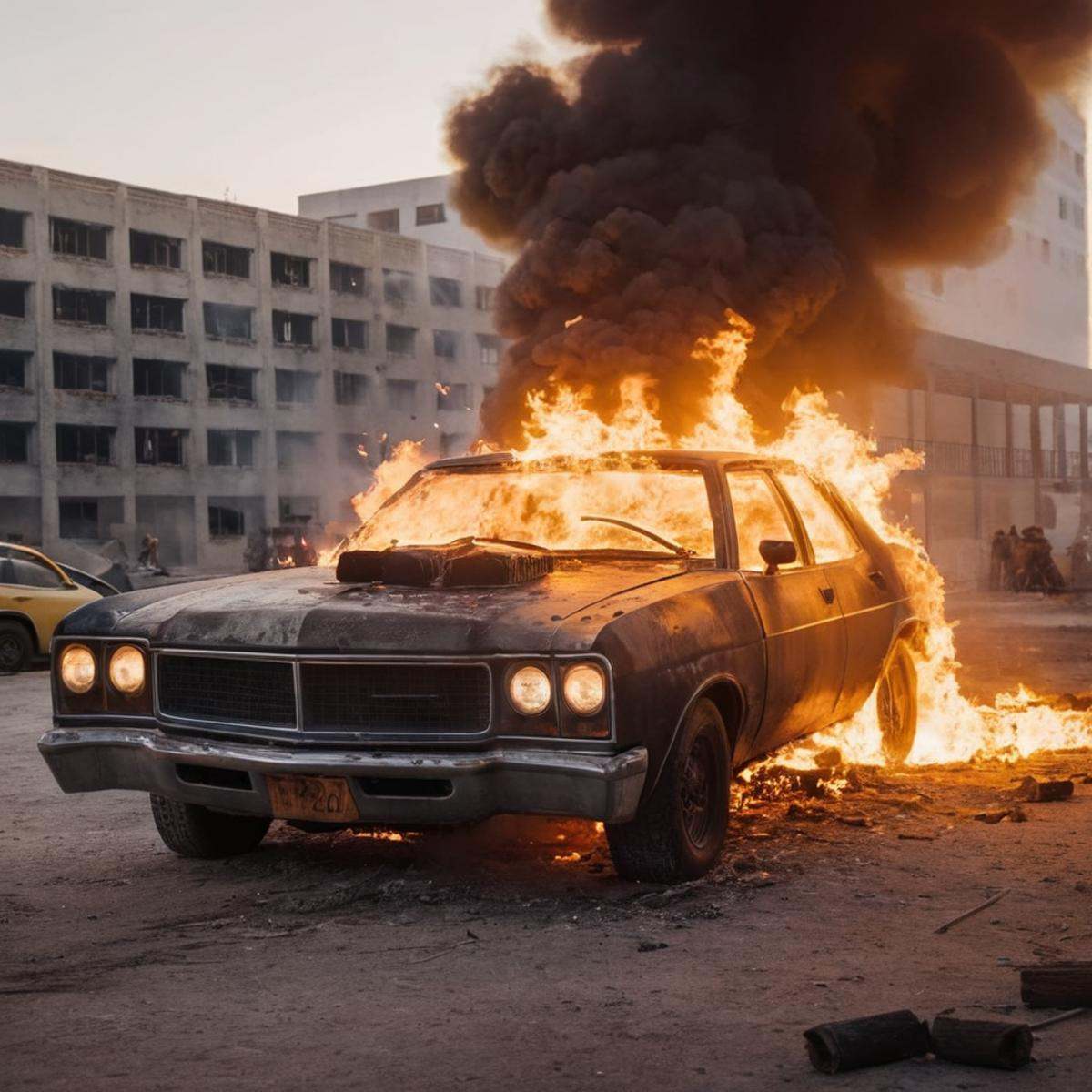 cinematic film still of sharp detailed,  a car is on fire in front of a building,  outdoors on Tensor.Art