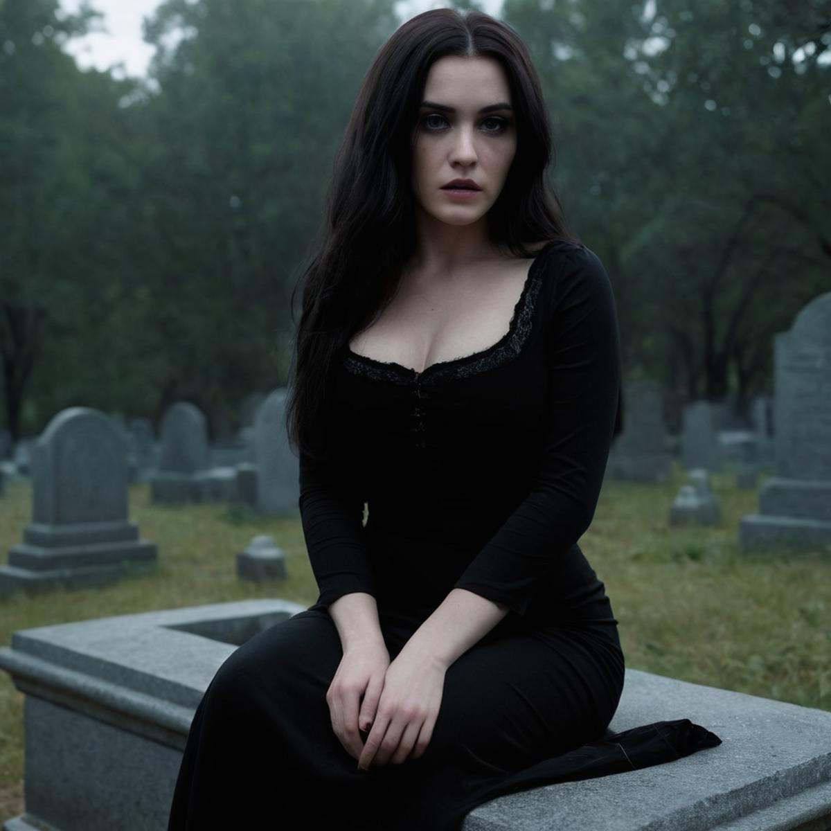 cinematic film still of cinematic film still of sharp detailed,  a woman in a black dress sitting on a grave,  1girl on Te...