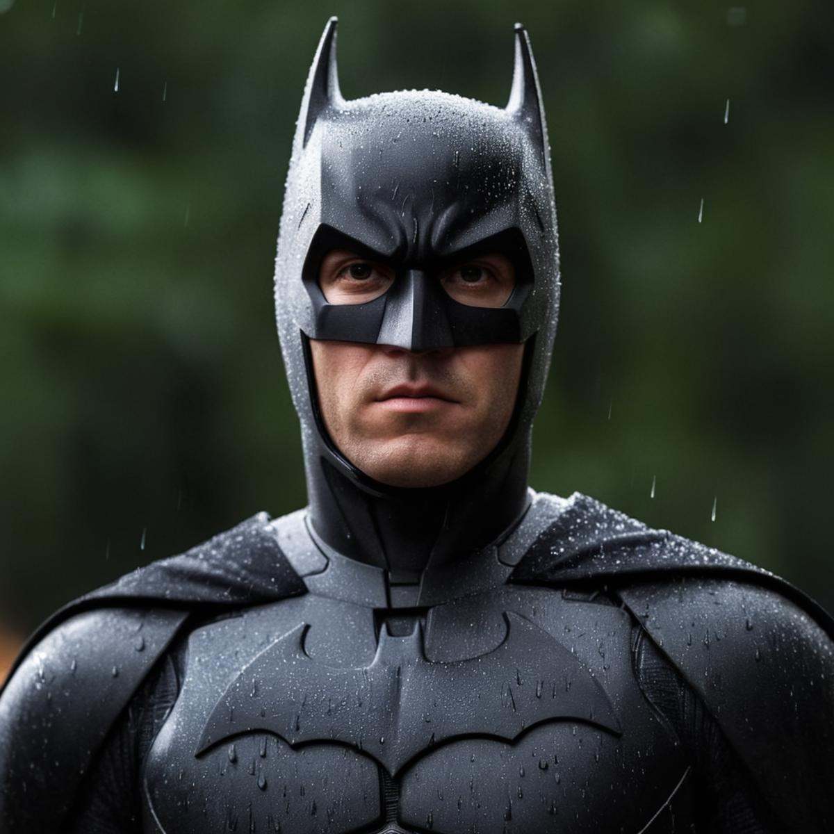 cinematic film still of sharp detailed,  a man in a batman costume standing in the rain,  solo on Tensor.Art