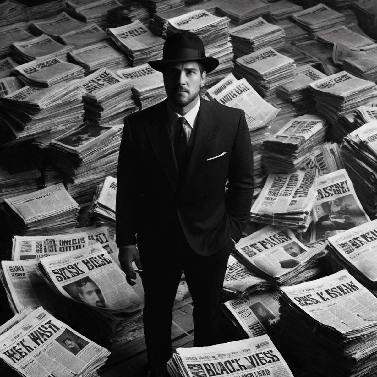 Dark Fantasy Art of An Oscar winning black and white movie for Best Cinematography a high angle shot of a man in a suit an...