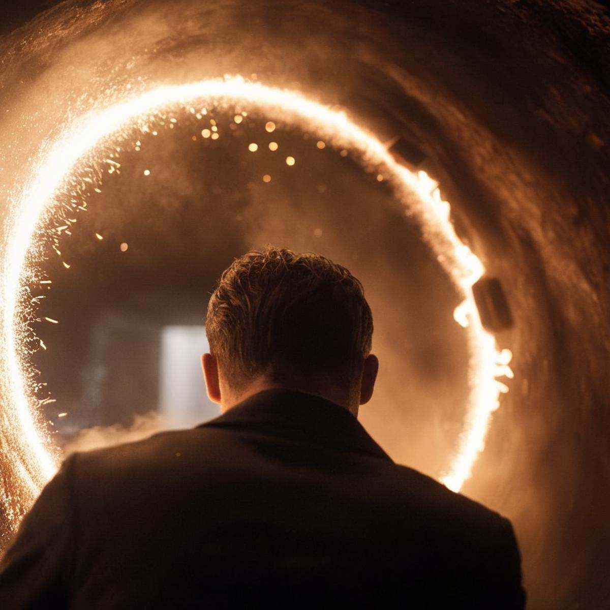 cinematic film still of Best Cinematography a man is being sucked into a black hole circle in a dark messy room undergroun...
