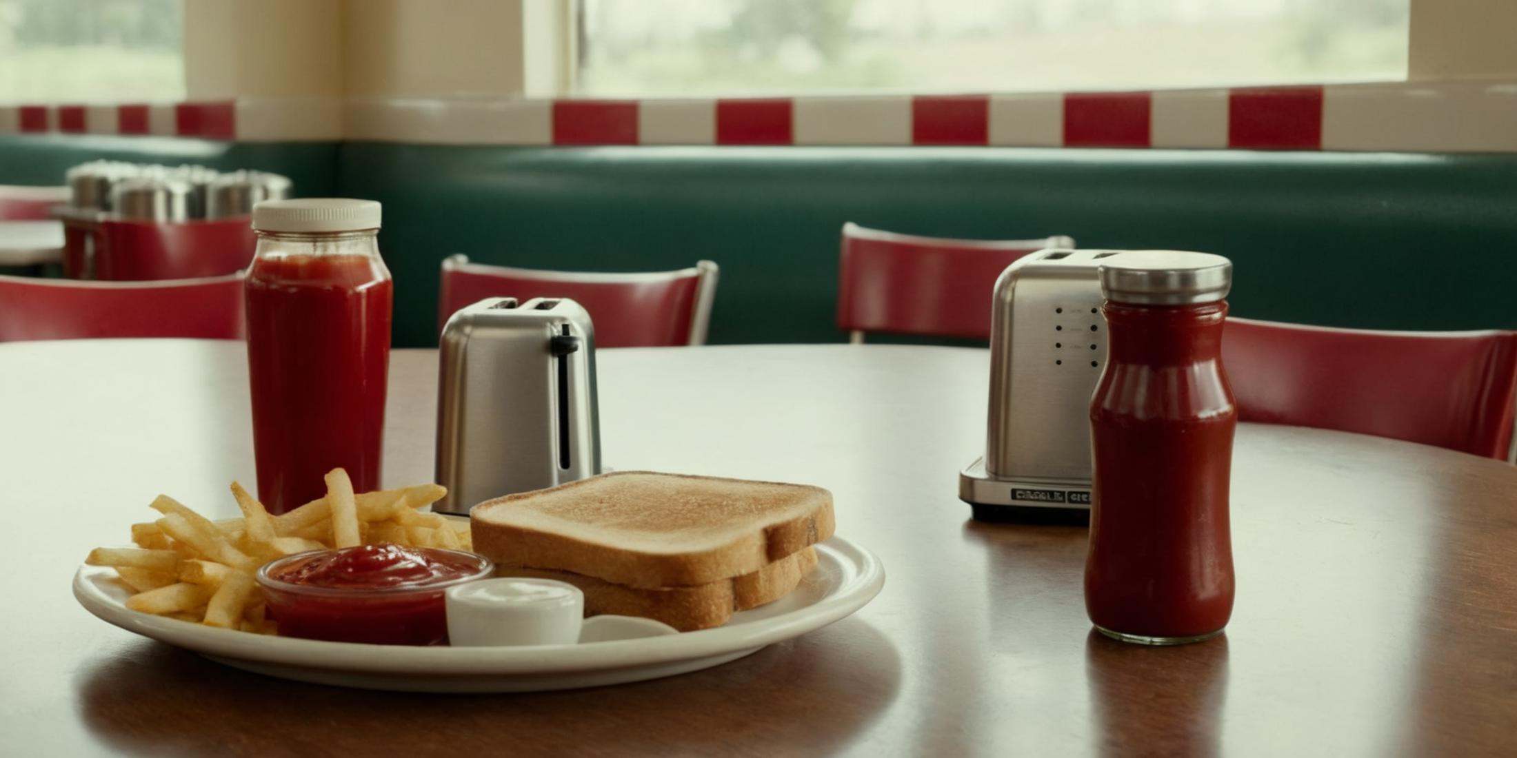 cinematic film still of Kodak Motion Picture Film StyleBest Cinematography a table with a toaster,  salt and pepper shaker...