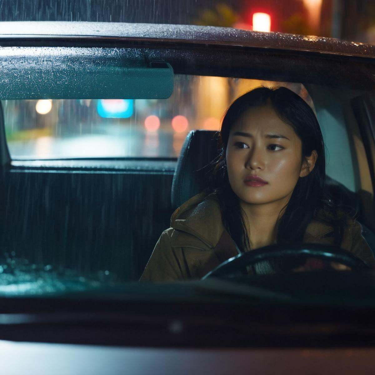 cinematic film still of redcode raw,  ARRIRAW,  Best Cinematography an asian young woman sleeping in backseat car window i...