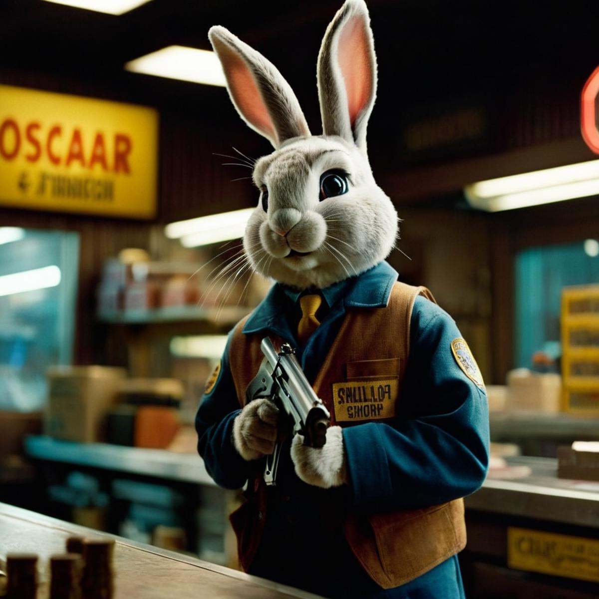 cinematic film still of "Detailed" "Sharp" "Vision 500T"An Oscar winning movie for Best Cinematography a rabbit sitting in...