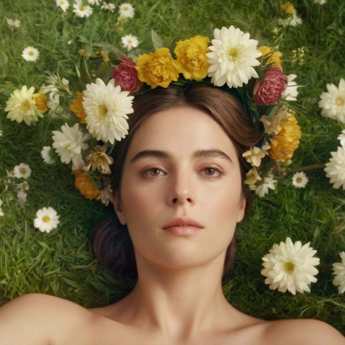Hyperrealistic art of An Oscar winning movie for Best Cinematography a woman with a flower crown on her head lying on grou...
