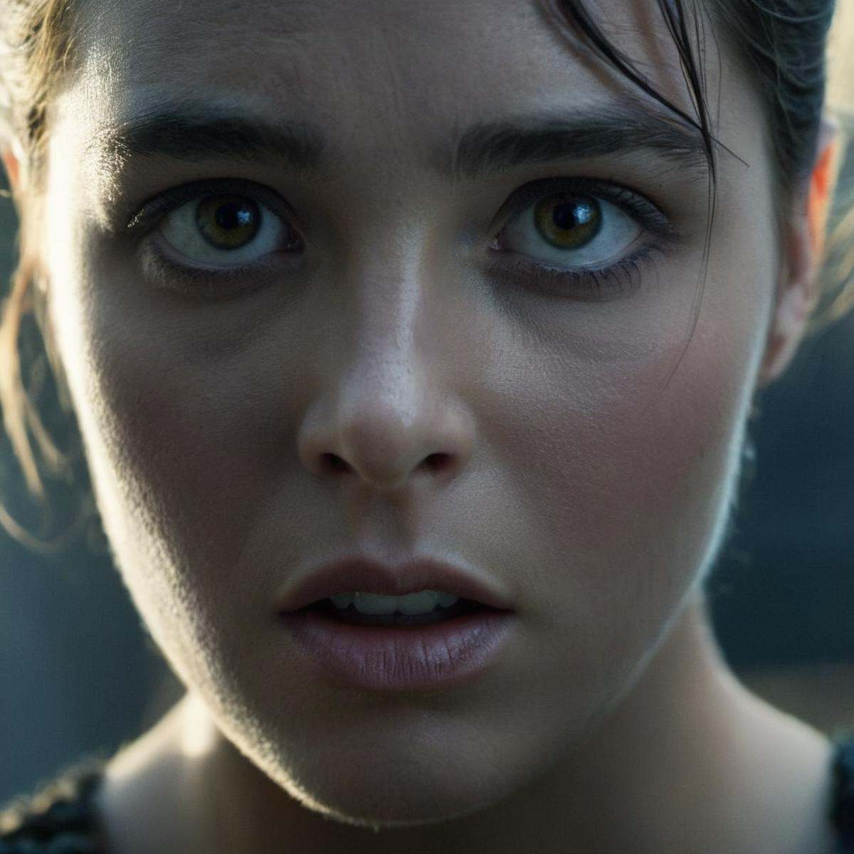 Dark Fantasy Art of An Oscar winning movie for Best Cinematography a woman with a surprised look on her face stares at the...