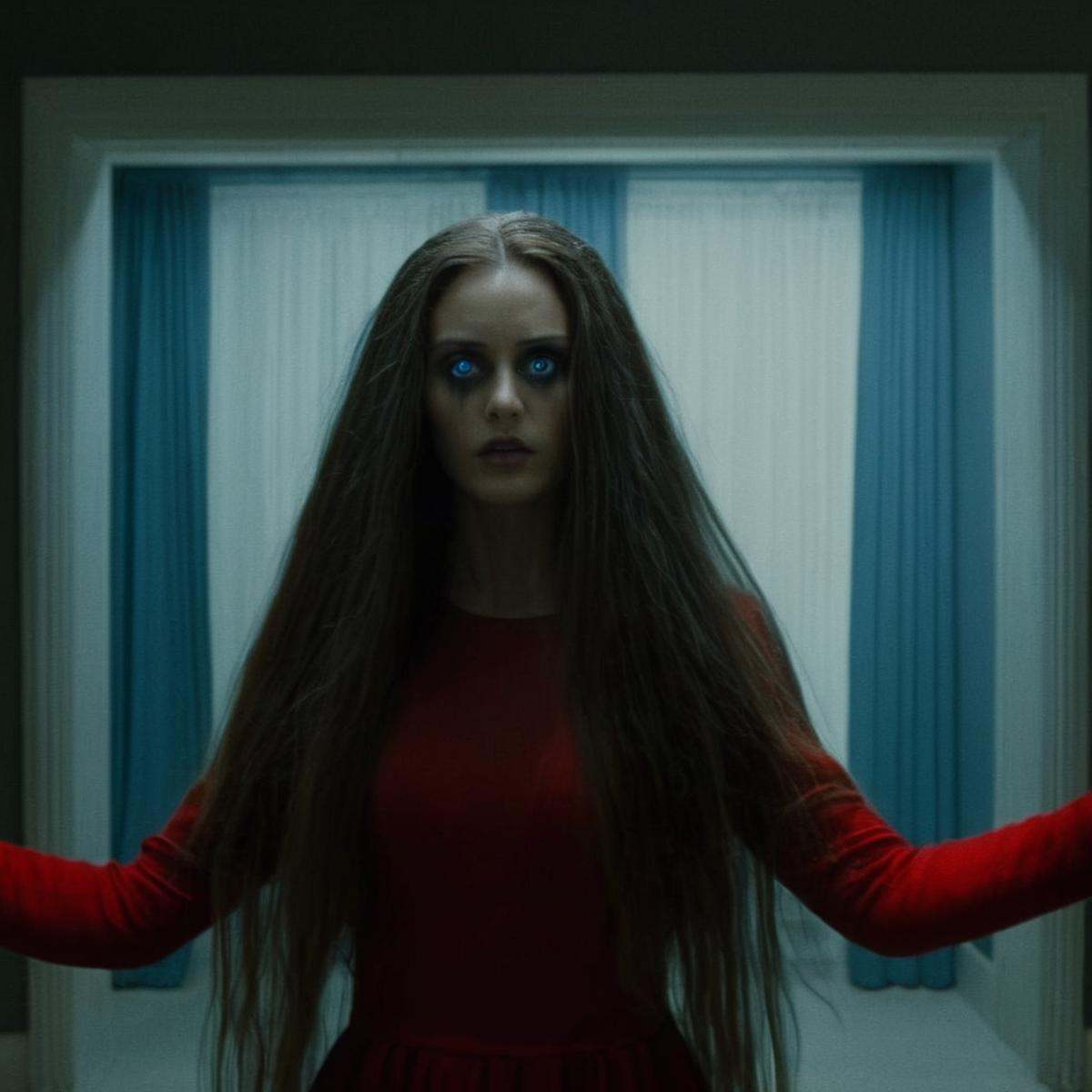 Dark Fantasy Art of redcode raw,  ARRIRAW,  Best Anamorphic-lens Horror Cinematography 50mm lens f5.6 a possessed woman wi...