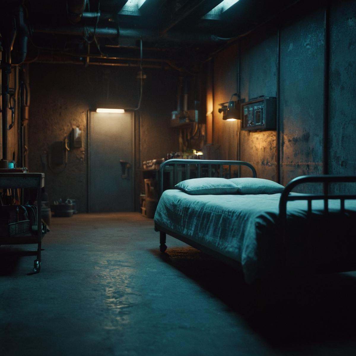cinematic film still of An Unreal Engine image of a dimly lit room with a bed and a table,  no humans,  ground vehicle on...