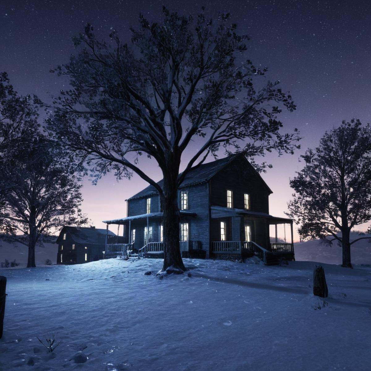 professional 3d model of in Hyperrealism style,  An Unreal Engine image of a snowy landscape with a tree and a building,...