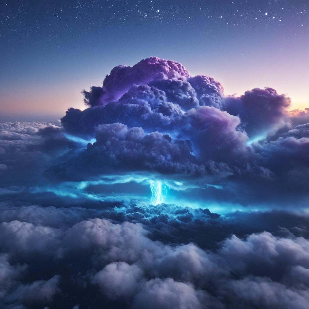 professional 3d model of in Hyperrealism style,  An Unreal Engine image of a very large blue and purple cloud in the sky,...