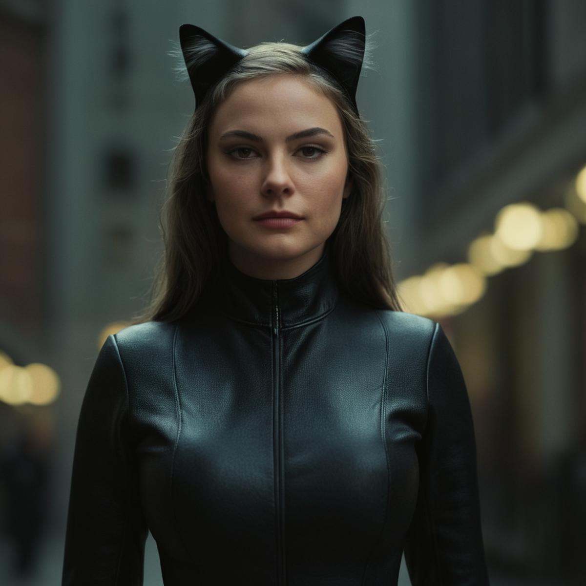 cinematic film still of a woman in a cat suit posing Hyperrealism Style,  shallow depth of field,  vignette on Tensor.Art
