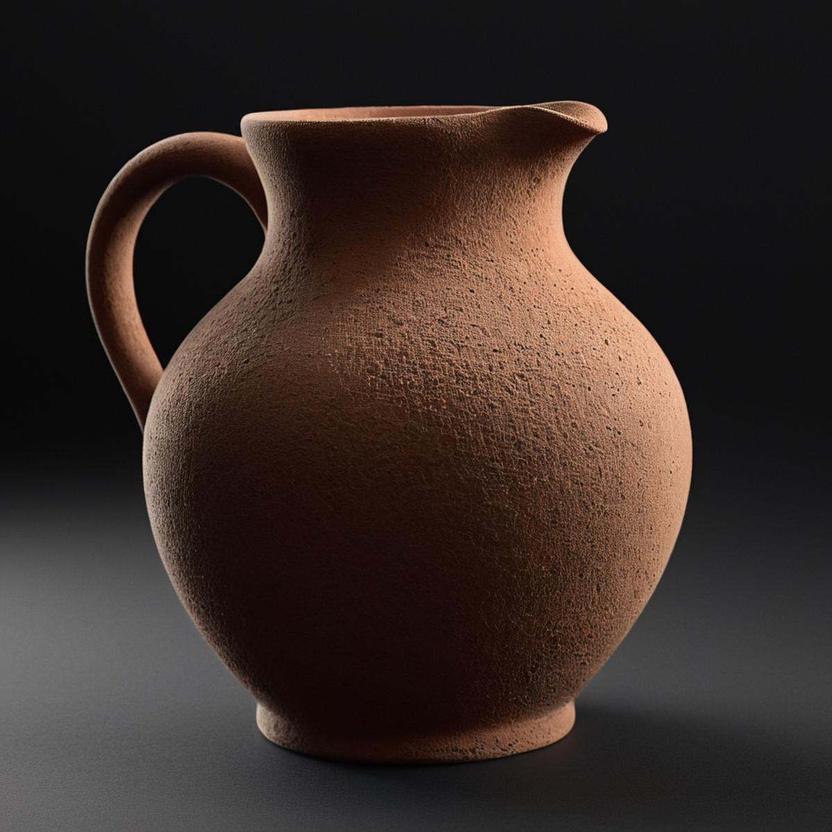 professional 3d model of in Hyperrealism style,  An Unreal Engine image of a clay vase with a handle on a black background...