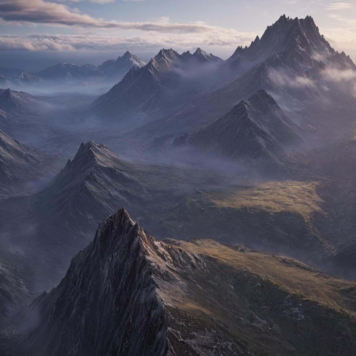 professional 3d model of in Hyperrealism style,  An Unreal Engine image of a mountain range with a valley and a few clouds...