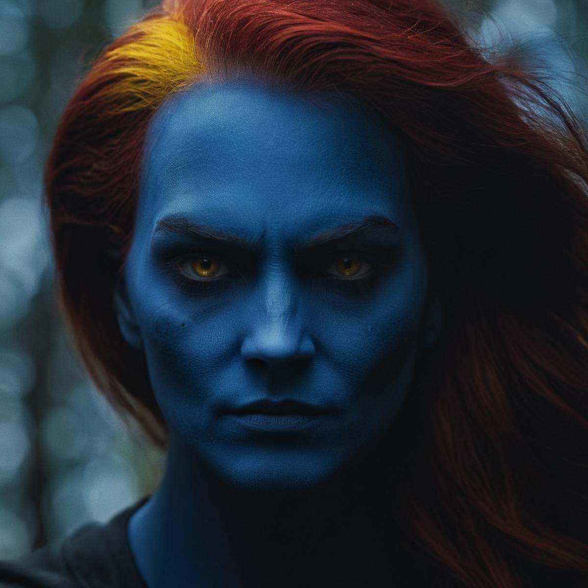 cinematic film still of Mystique (Raven Darkhölme) a woman with blue face and red hair and yellow eyes Hyperrealism Style,...