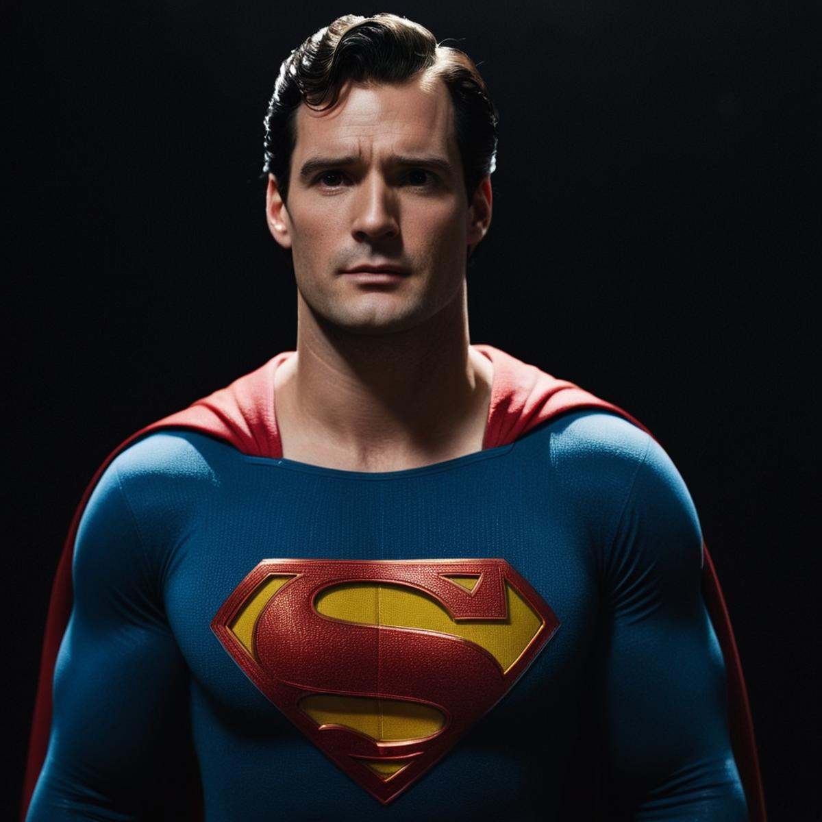 cinematic film still of a man in a superman costume standing in front of a black background Hyperrealism Style,  shallow d...