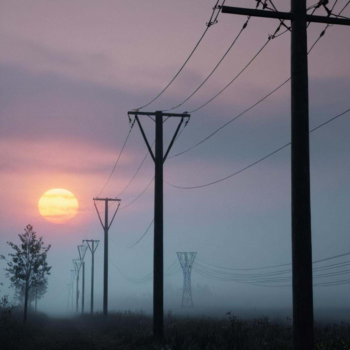 professional 3d model of in Hyperrealism style,  An Unreal Engine image of a foggy sunset with power lines in the foregrou...