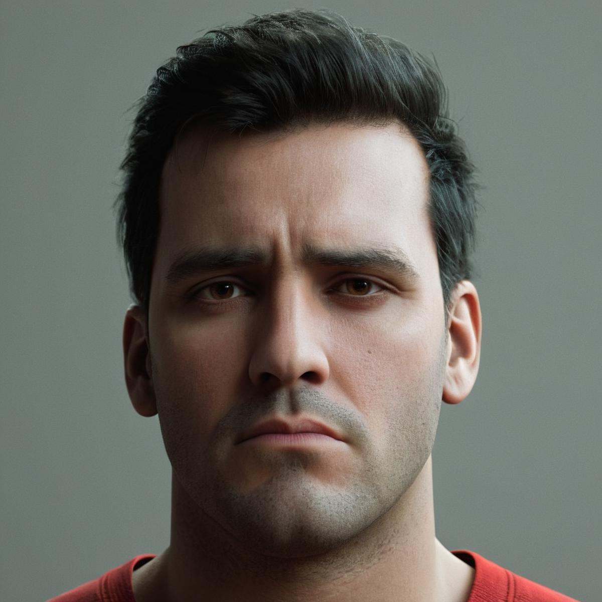 professional 3d model of in Hyperrealism style,  An Unreal Engine image of a man with a red shirt staring at the camera,...