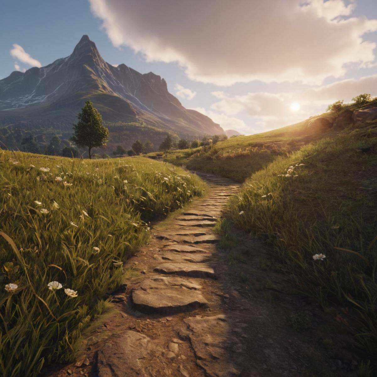 cinematic film still of An Unreal Engine image of a small path in a field with a mountain in the background,  outdoors,  s...