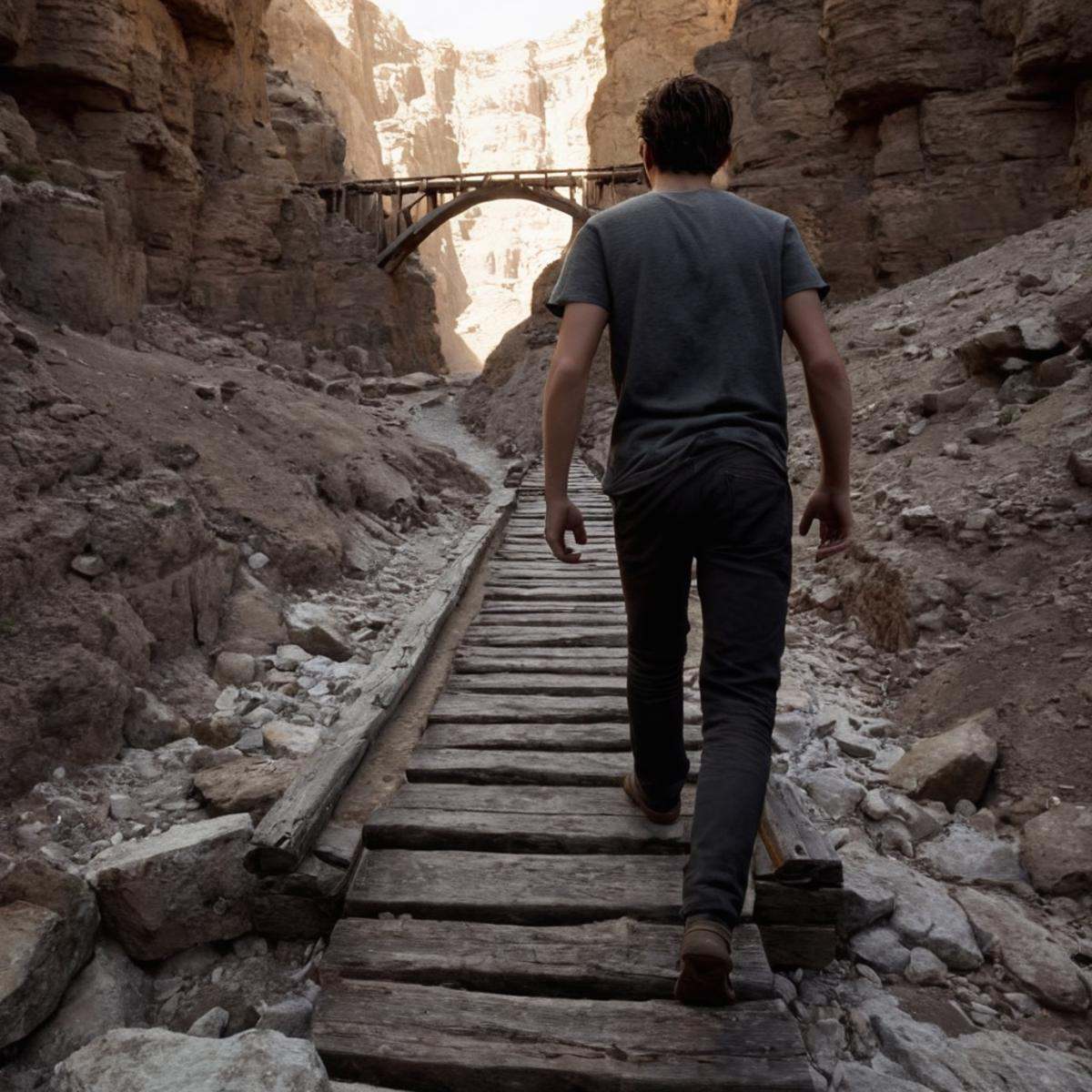 professional 3d model of in Hyperrealism style,  An Unreal Engine image of a person walking through a narrow canyon with a...