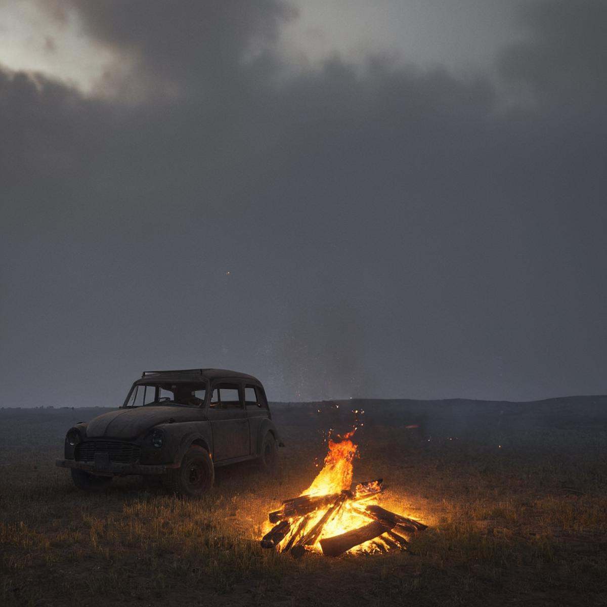 professional 3d model of in Hyperrealism style,  An Unreal Engine image of a fire is lit in the middle of a field,  outdoo...