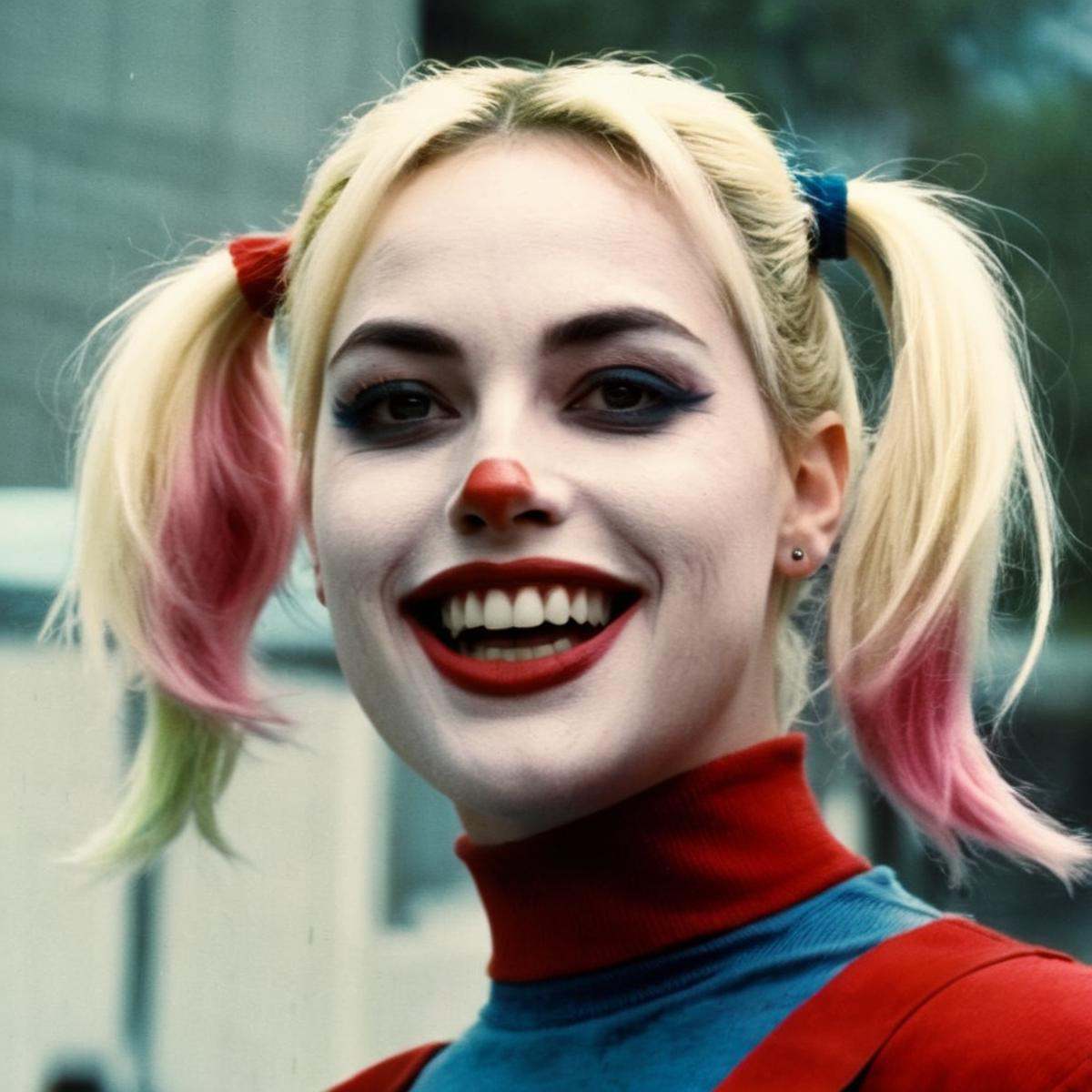 analog film photo of Best Cinematic horror Picture of harley quinn a crazy looking woman with a pigtail blonde hair and a...