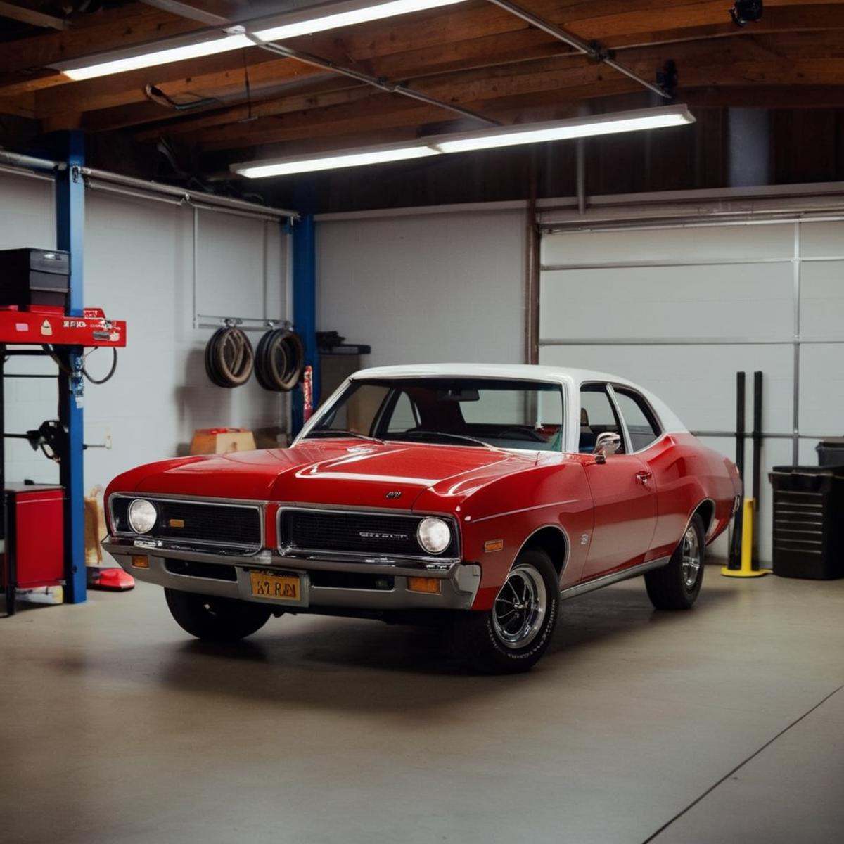 cinematic film still of 1970's Best Cinematic Picture of a red and white car parked in a garage Kodak Motion Picture Film...