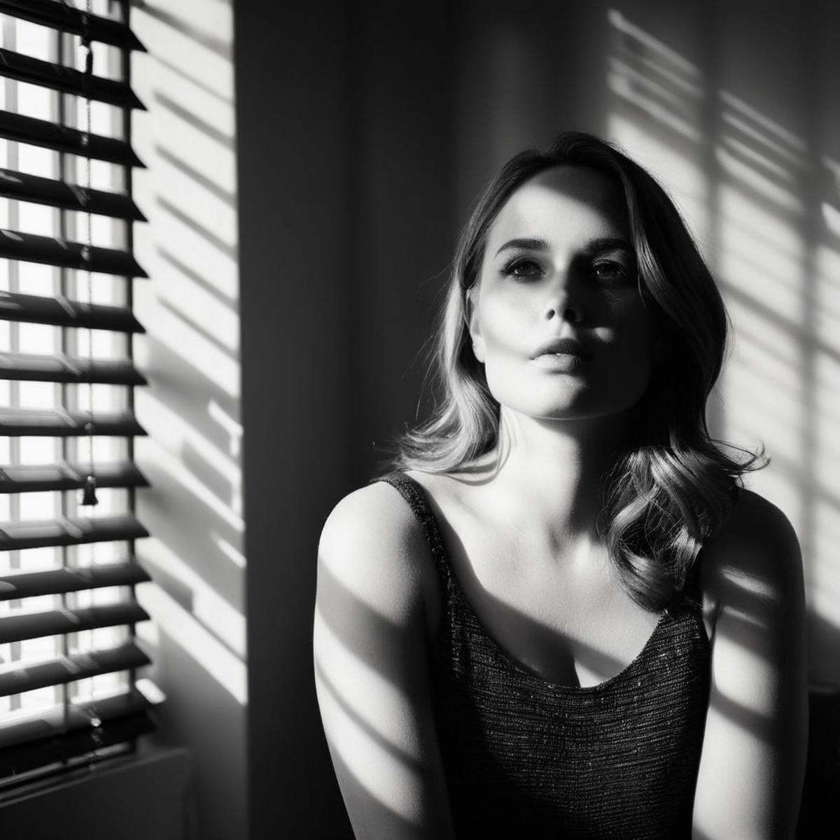 cinematic film still of Best Cinematic black and white Picture of a woman partially covered by shadows is standing in fron...