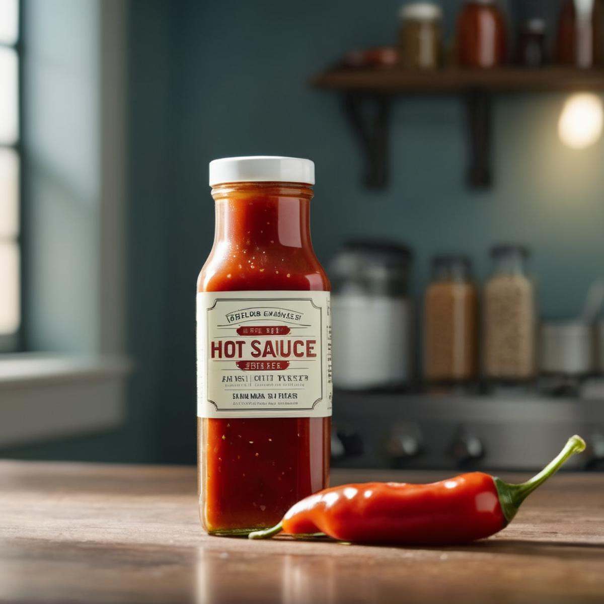 cinematic film still of Best Cinematic Picture of a jar of hot sauce next to a salt shaker Kodak Motion Picture Film Style...