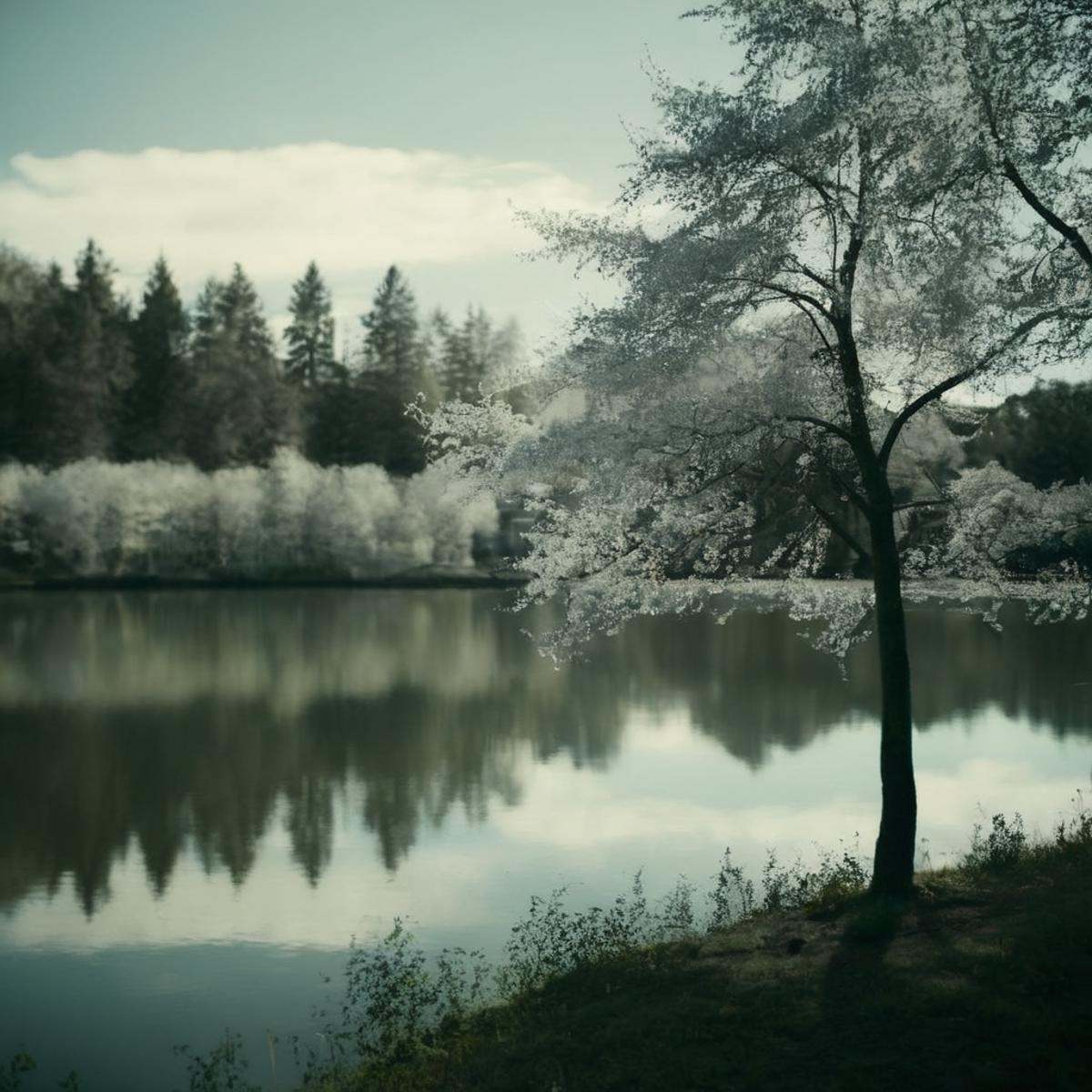 cinematic film still of kodak vision3 500t landscape Best Cinematic infrared Picture of a lake with trees and bushes in th...