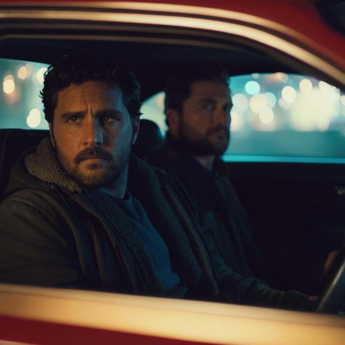 cinematic film still of An Oscar winning movie for Best Cinematography a man sitting in a car looking at something with wa...
