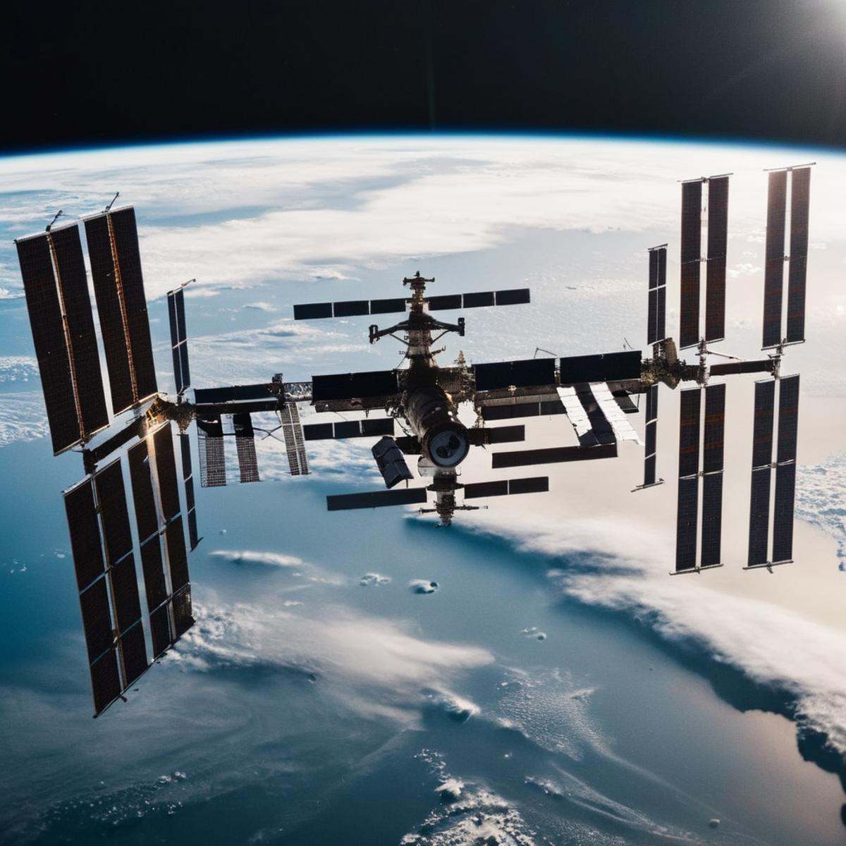 cinematic film still of landscape Best Cinematic Picture of a dark space station with a satellite in the background Kodak...