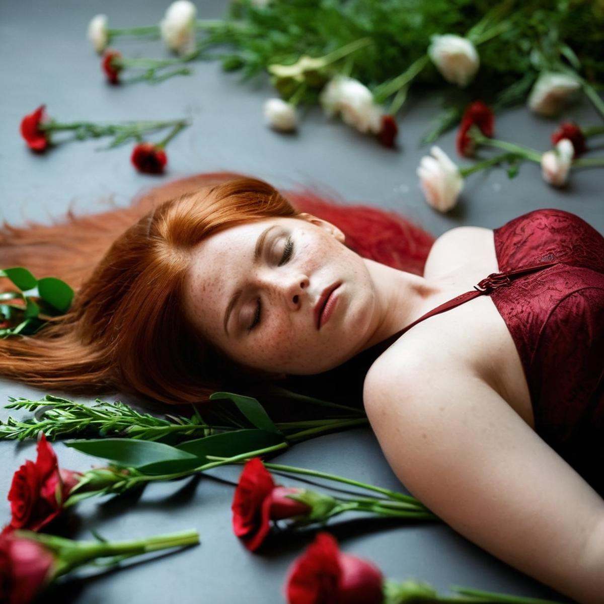cinematic film still of An Oscar winning movie for Best high angle from above Cinematography a closeup of a red hair woman...