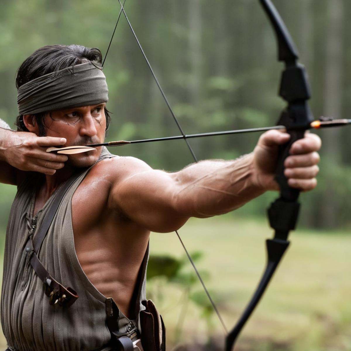 cinematic film still of Best Cinematic Picture of Rambo a man shooting an arrow with a bow in font of camera with perfect...