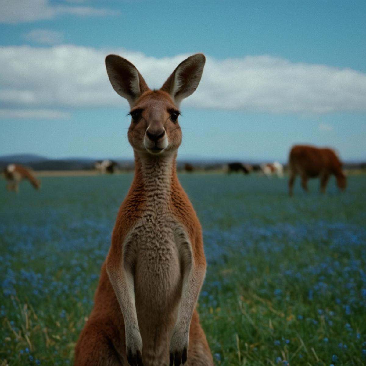 cinematic film still of perfection style detailed underexposed:0.1 Best Cinematography a cute kangaroo standing in a field...