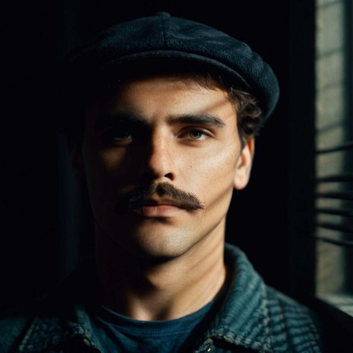 cinematic film still of A cucoloris patterned illumination casting a shadow on a man with a mustache and a moustache stare...