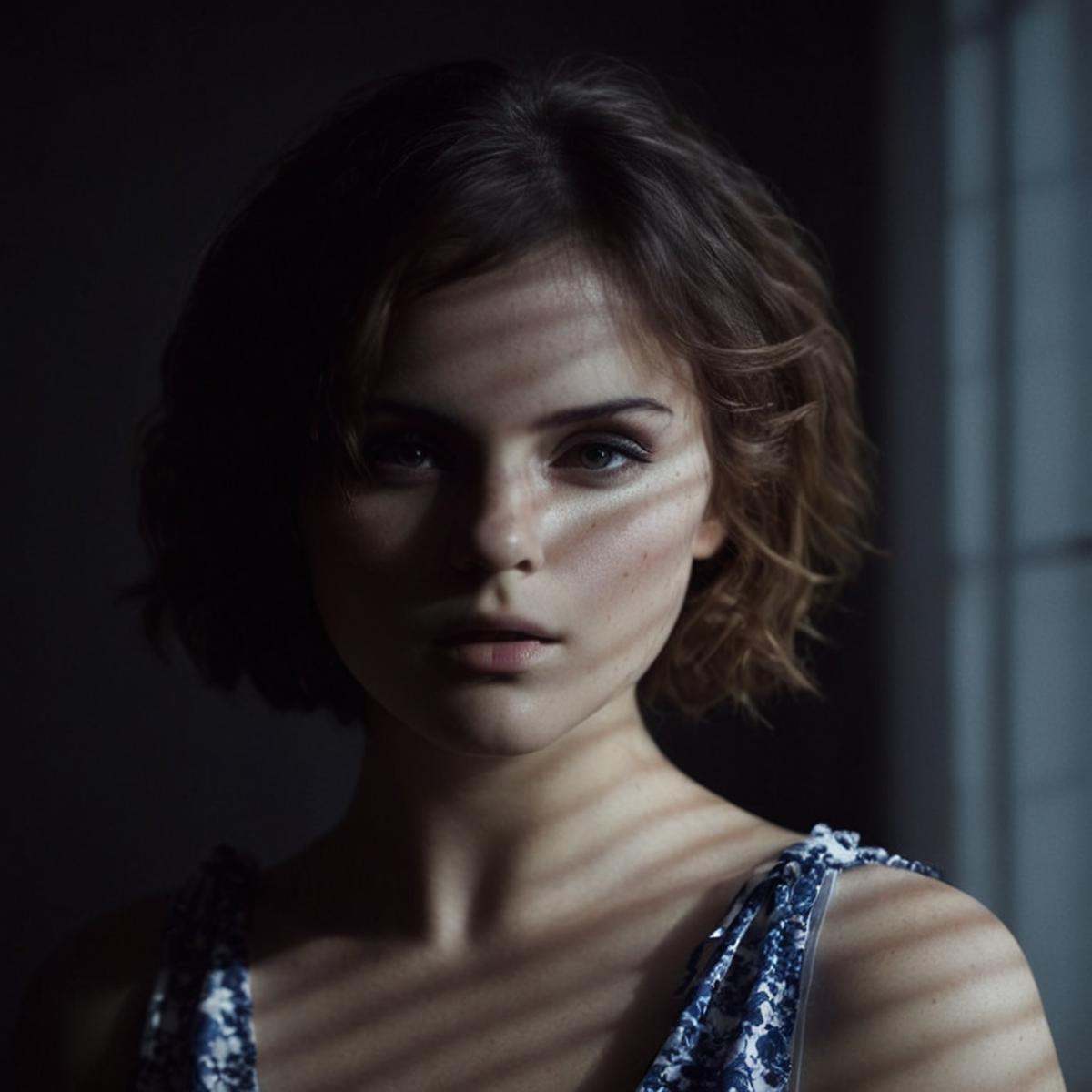 cinematic film still of A cucoloris patterned illumination casting a shadow on a woman with a shadow on her face,  1girl,...