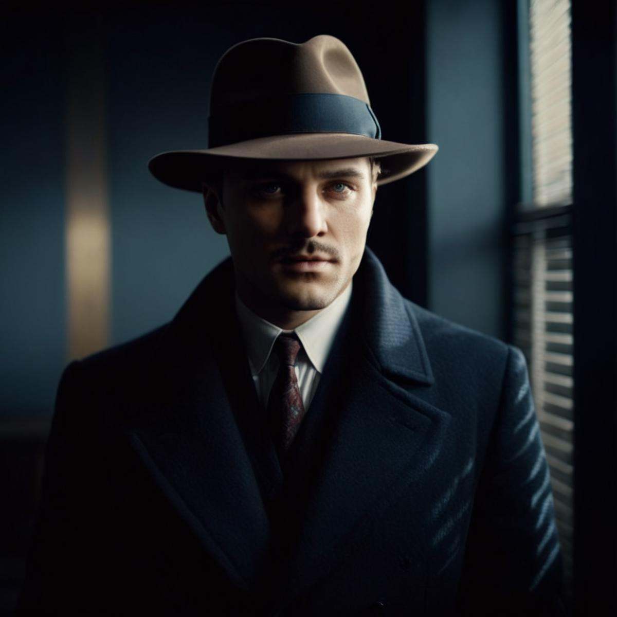 cinematic film still of A cucoloris patterned illumination casting a shadow on a 1930's mafia gangster man in a hat and co...