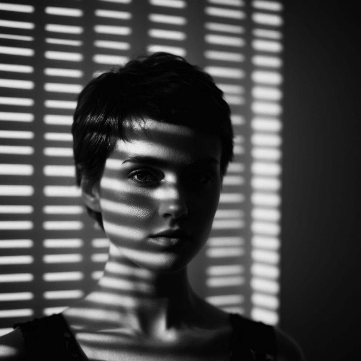 cinematic film still of A cucoloris patterned illumination casting a shadow on a woman with a shadow on her face,  1girl,...