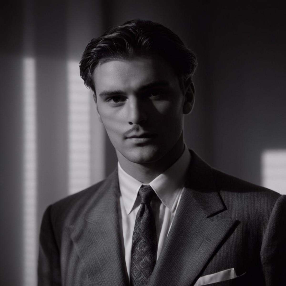 cinematic film still of A cucoloris patterned illumination casting a shadow on a 1940's man in a suit and tie standing in...